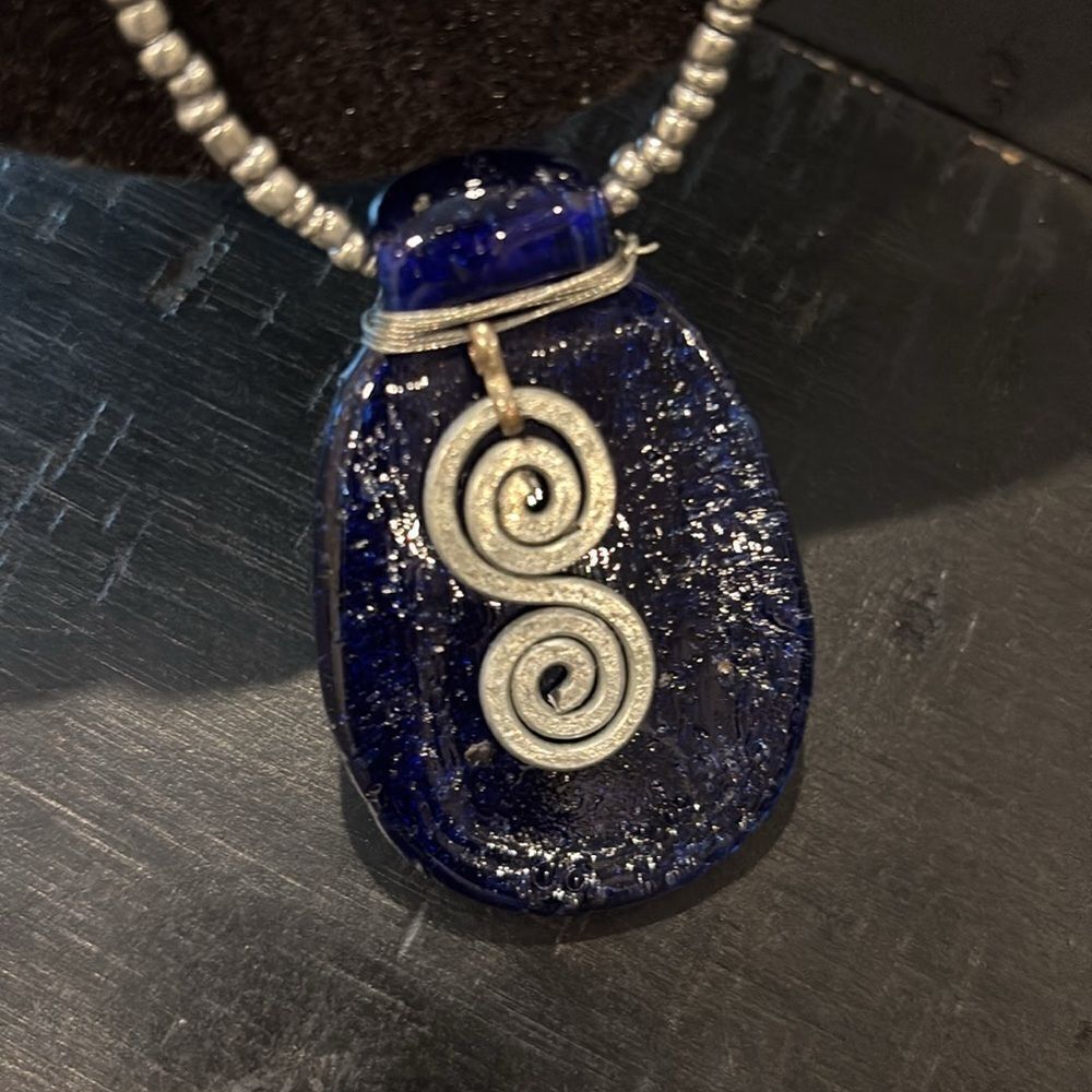 Blue Dichroic Glass Silver Swirl Artisan Long Beaded Energy Necklace Chain - Picture 2 of 7